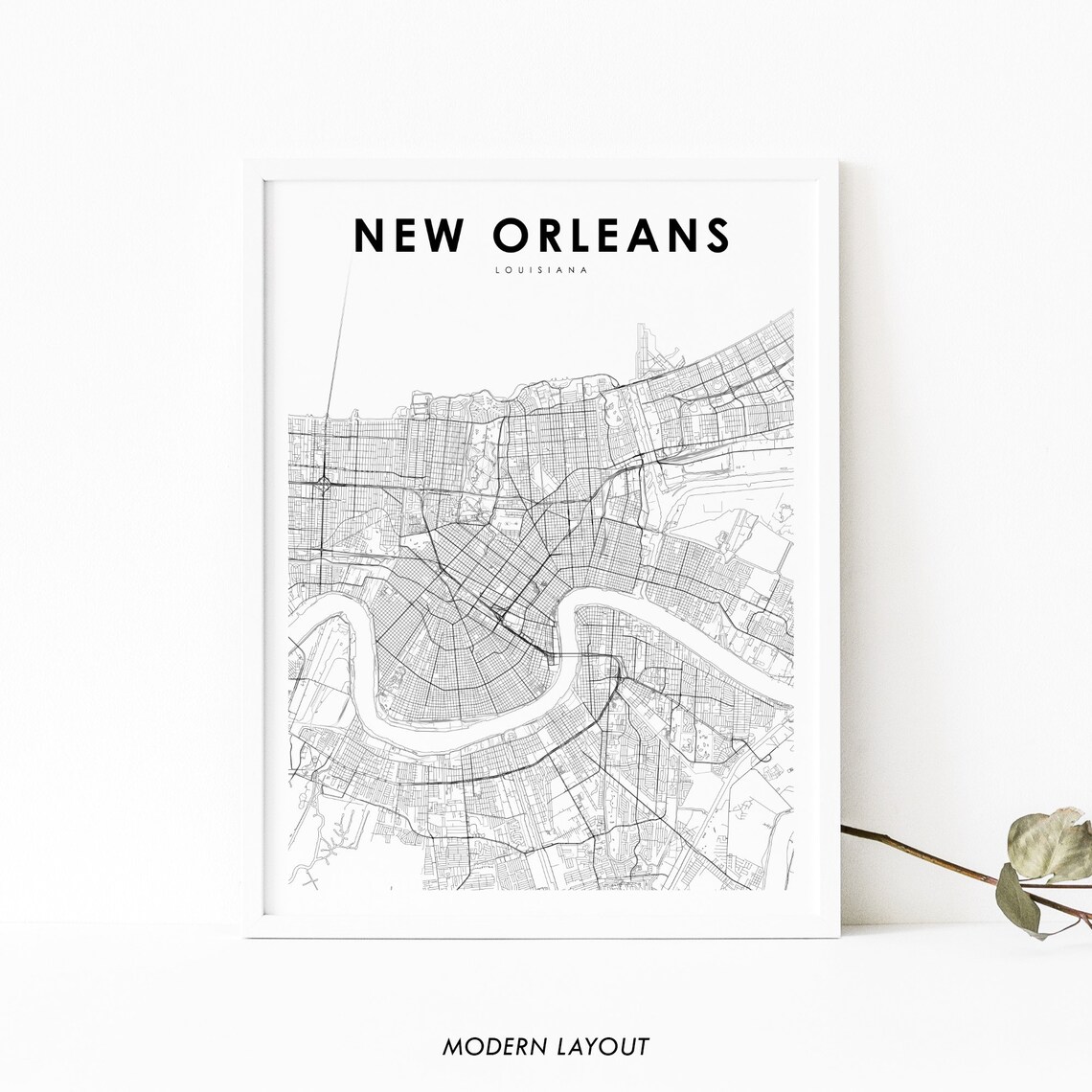 New Orleans Louisiana Black and White City Street Map Poster