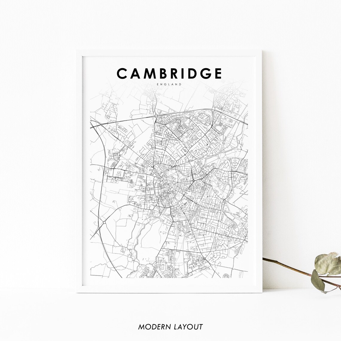 Modern Cambridge England Black and White Street Map Art Poster