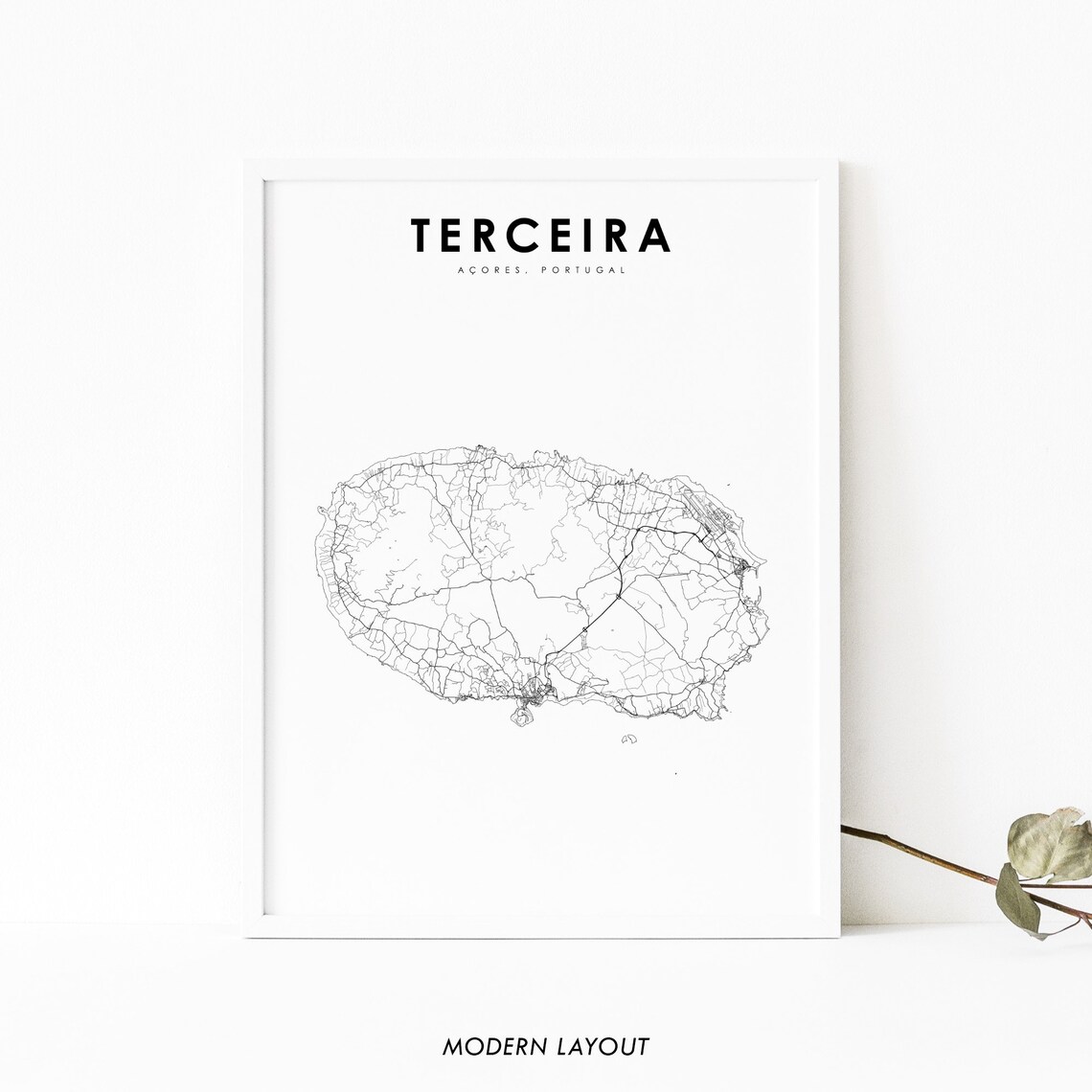 Terceira Island Azores Map Art Print, Portugal Road Poster
