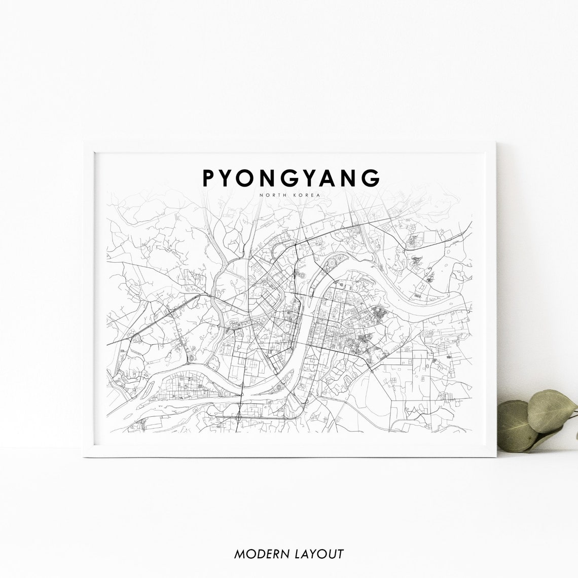 Pyongyang North Korea Minimalist Monochrome City Street Map Poster