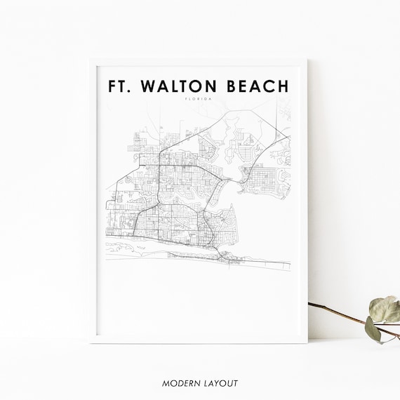 Fort Walton Beach Florida City Street Map Black White Gift Poster