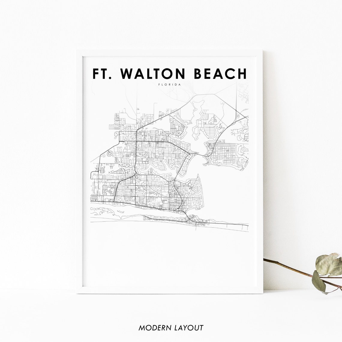 Fort Walton Beach Florida City Street Map Black White Gift Poster