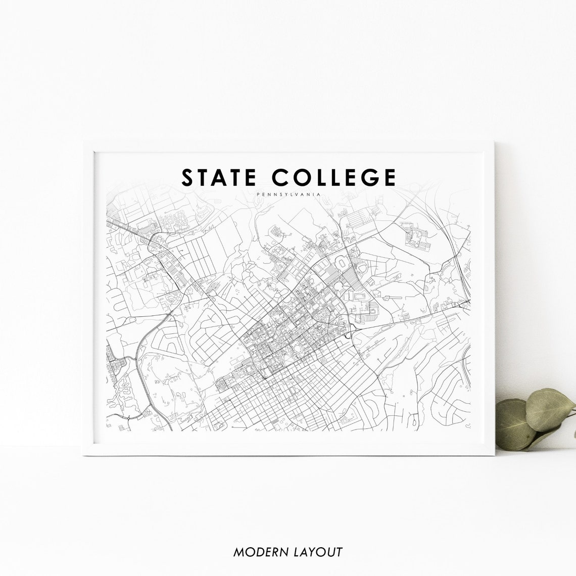State College Pennsylvania City Street Map Black Line Art Poster