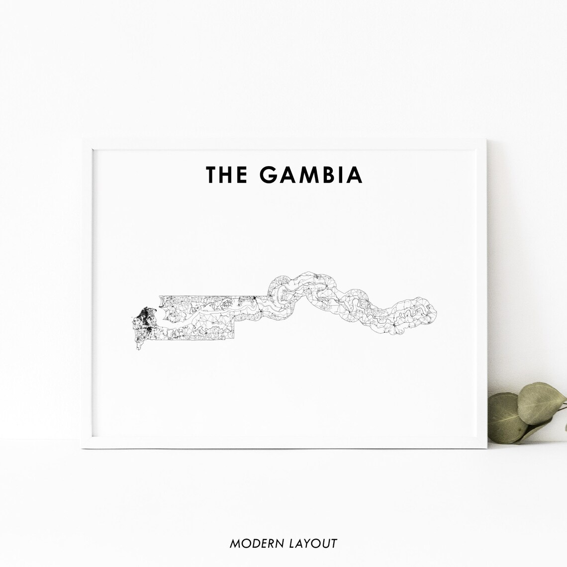 The Gambia Minimalist Black And White Country Road Map Modern Style Poster