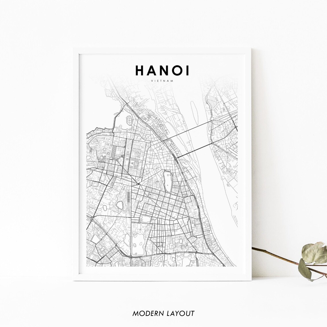 Hanoi Vietnam City Street Map Black Line Art Modern Layout Poster