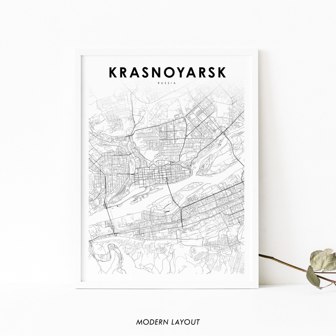 Krasnoyarsk Russia Minimalist City Street Map Black White Poster