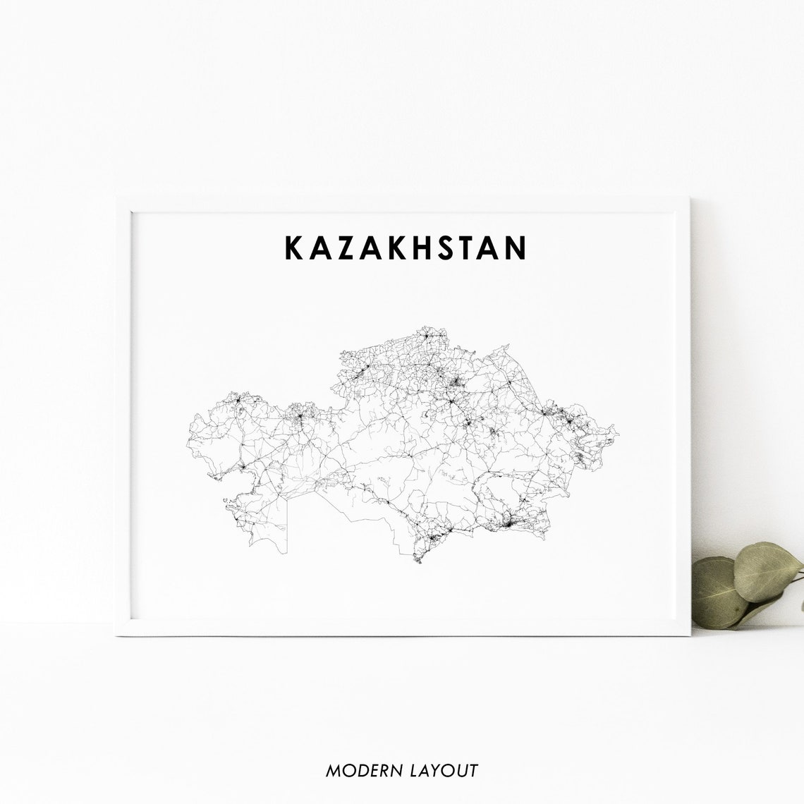 Kazakhstan Country Minimalist Black Line Road Map Modern White Poster
