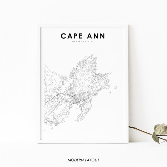Cape Ann Massachusetts Black Minimalist Coastal Map Art Print