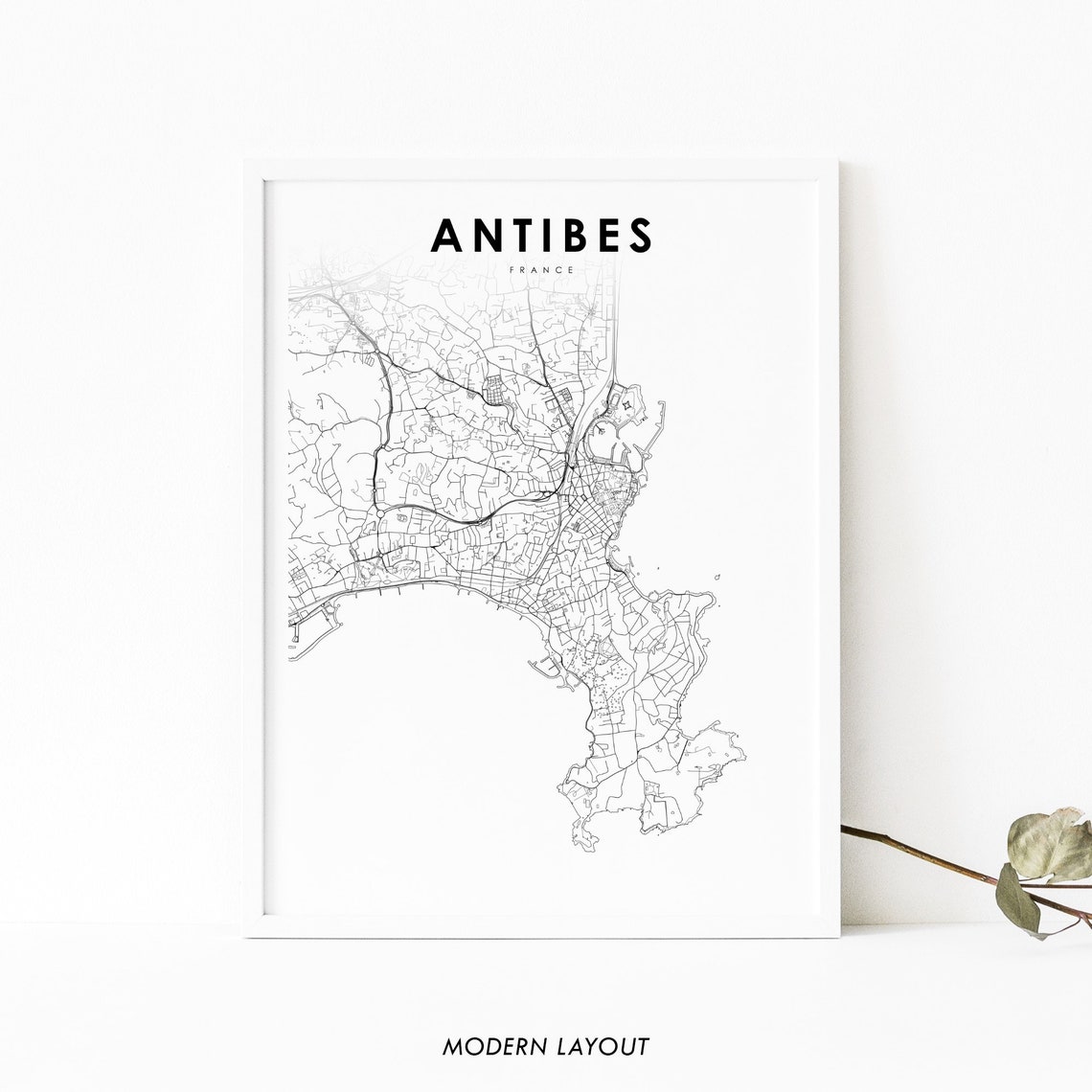 Antibes France Minimalist City Street Map Black White Poster