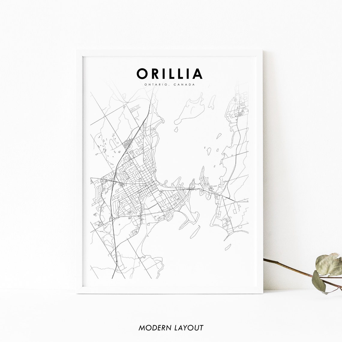 Orillia Ontario Canada Modern Minimalist Black White City Map Poster