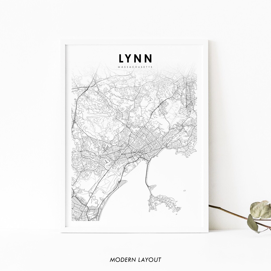 Lynn Massachusetts Minimalist City Street Map Poster Modern Black White