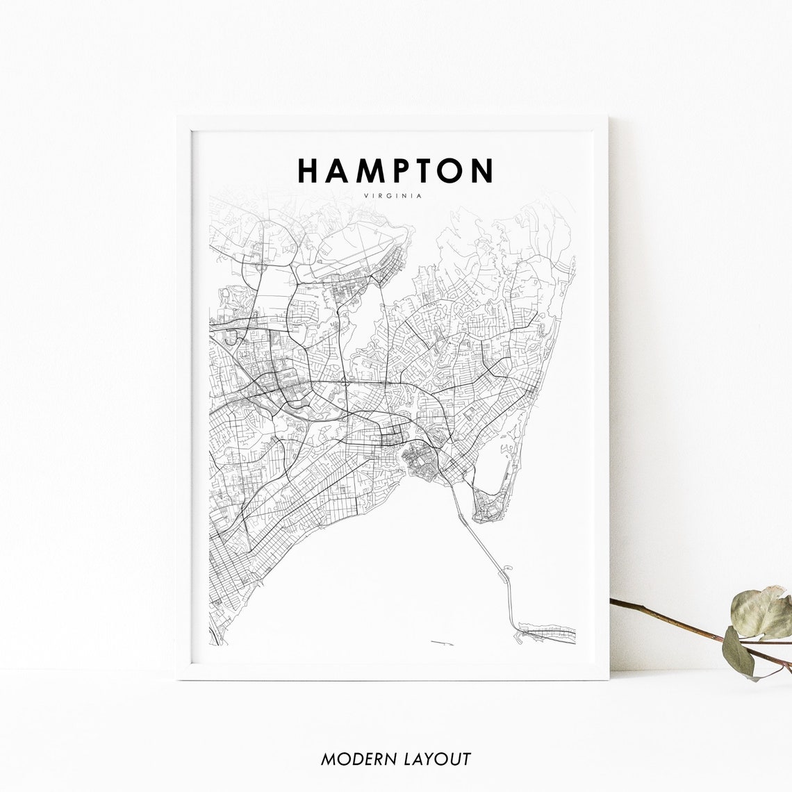 Hampton Virginia City Street Map Modern Minimalist Style Wall Art