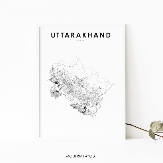 Uttarakhand India Minimalist Road Map Line Art Print Modern Black Decor