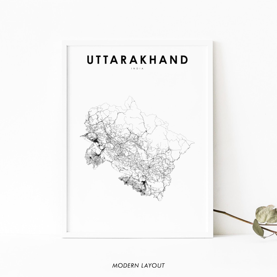 Uttarakhand India Minimalist Road Map Line Art Print Modern Black Decor