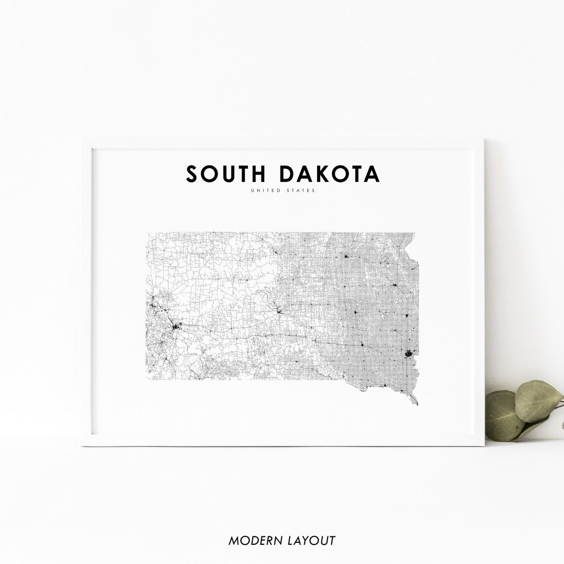 South Dakota State Map Minimalist Modern Road Line Art Poster