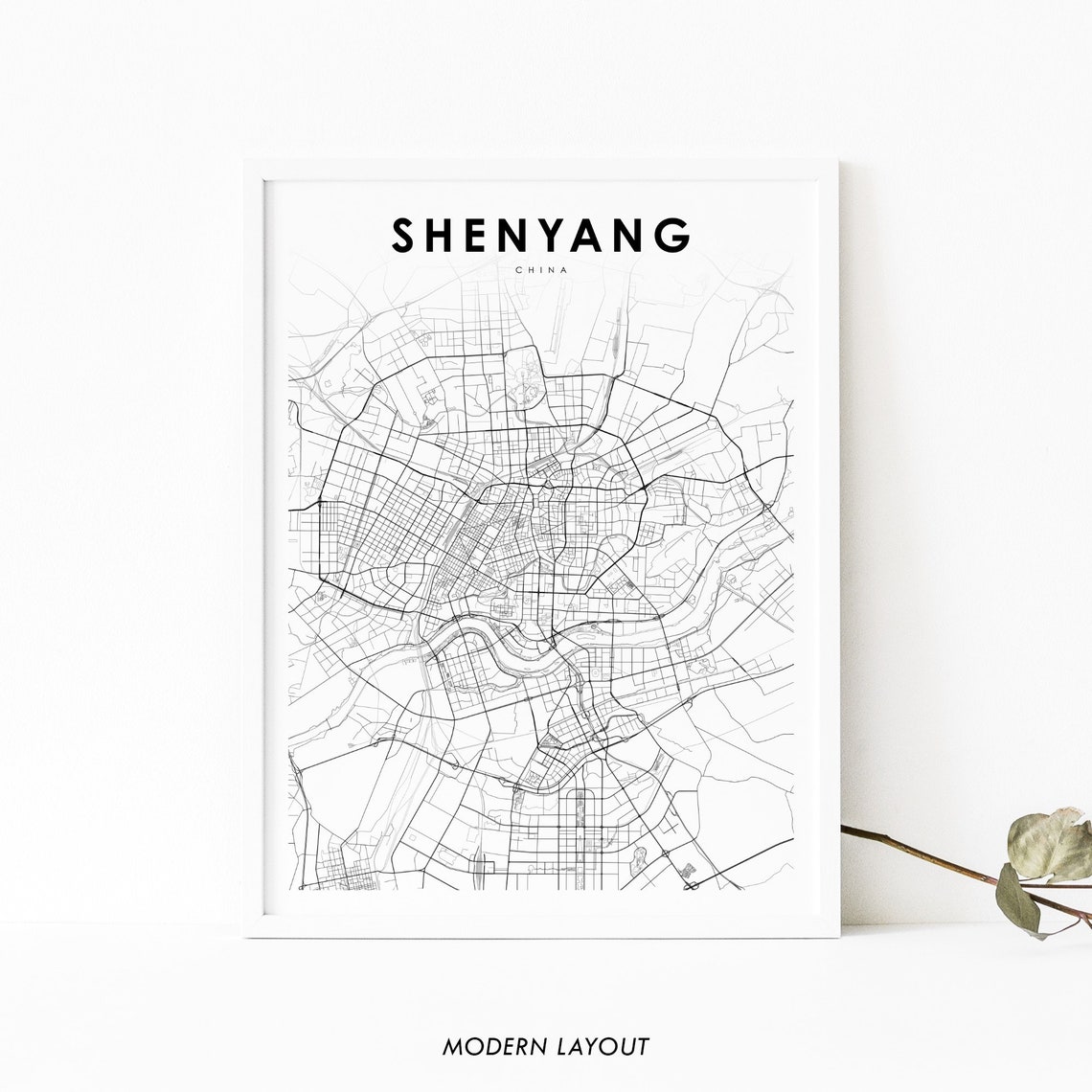 Shenyang China Minimalist Black and White Street Map Wall Art