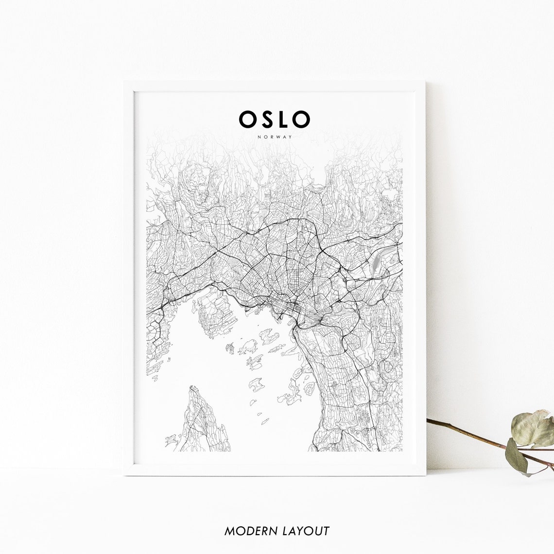 Oslo Norway Minimalist City Street Map Black and White Wall Art
