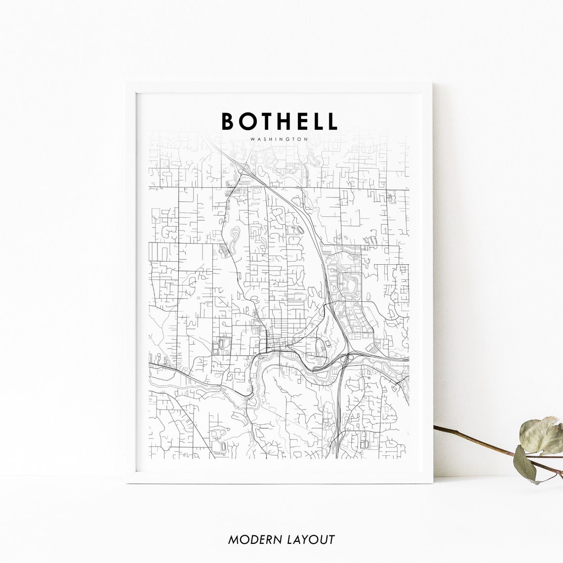 Bothell Washington Monochrome Minimalist City Street Map Poster