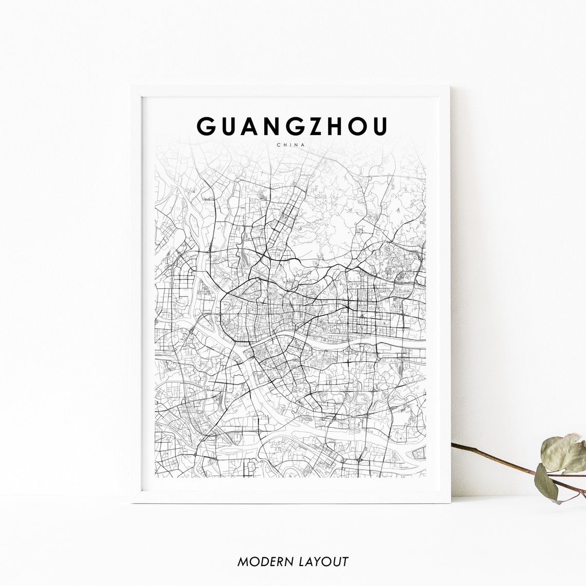 Guangzhou China Minimalist Black White City Map Travel Poster