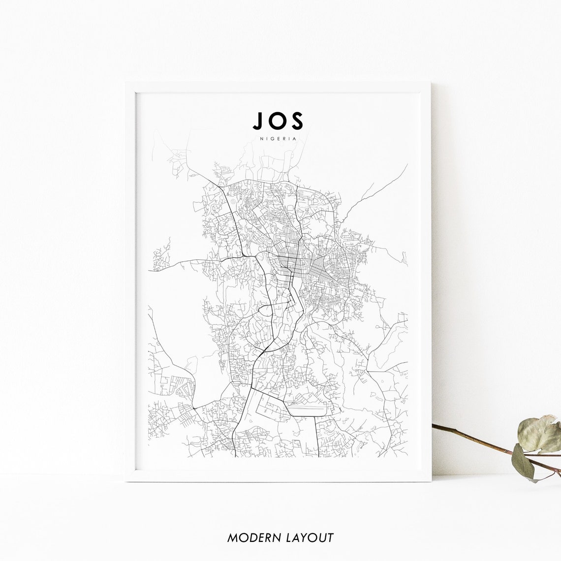 Jos Nigeria Minimalist Black and White City Street Map Wall Art