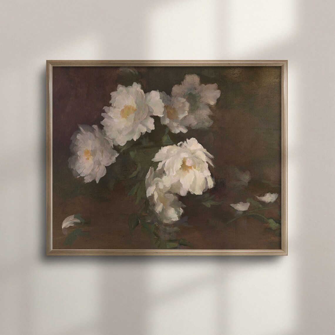 Vintage White Peonies Moody Dark Background Floral Art Poster