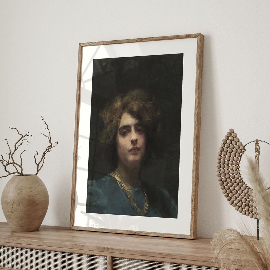 Antique Woman Portrait Gold Necklace Vintage Oil Painting Art Poster - Image 4