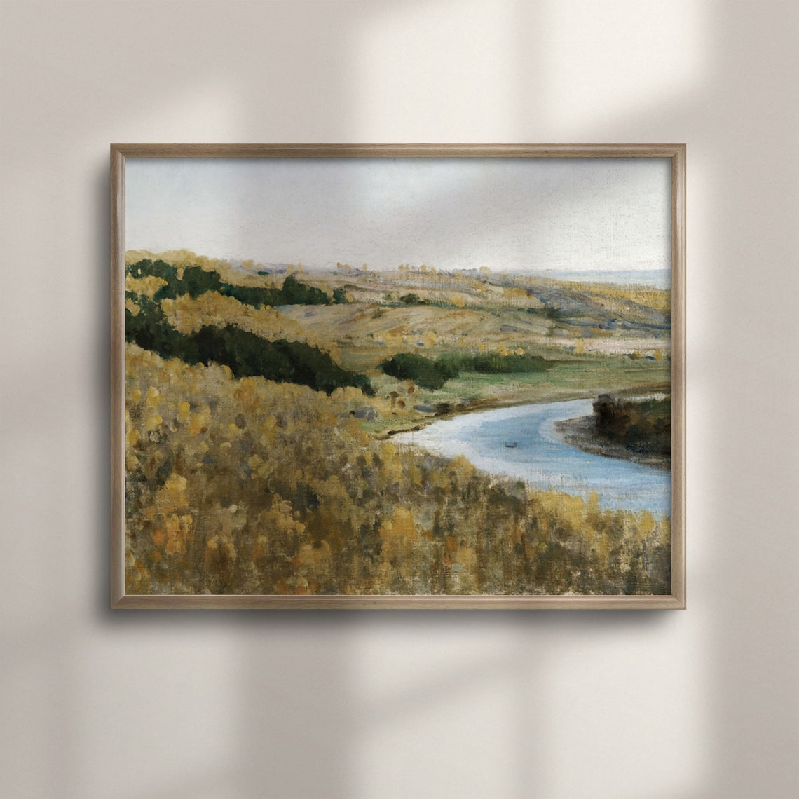 Golden Autumn River Valley Vintage Farmhouse Landscape Painting Poster