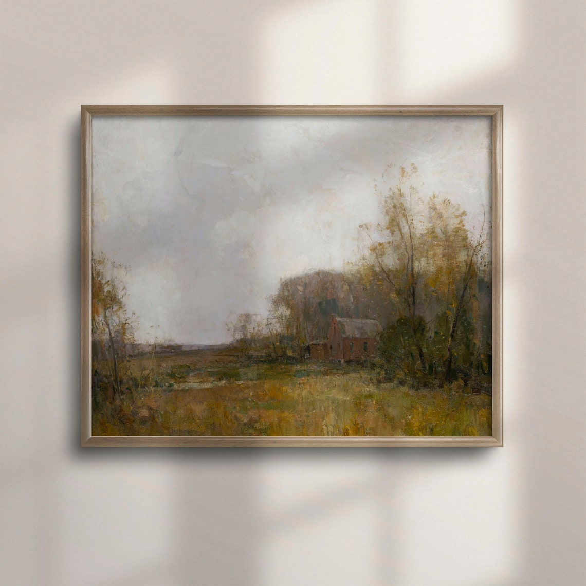 Rustic Autumn Field With Small Red Barn Nestled Among Trees Poster