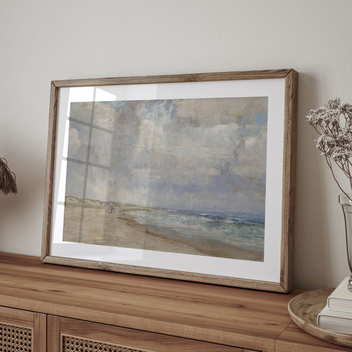 Vintage Beach Seascape Waves Cloudy Sky Couple Walk Art Poster - Image 4