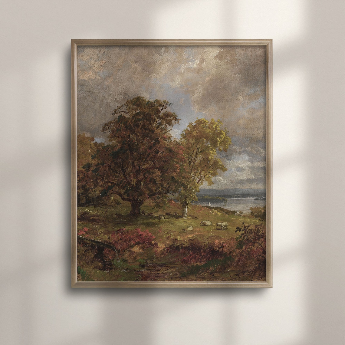 Pastoral Autumn Landscape With Sheep Trees And Lake Art Poster