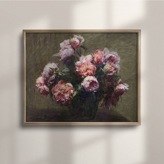 Pink Peonies Bouquet Vintage Floral Still Life Oil Painting Poster