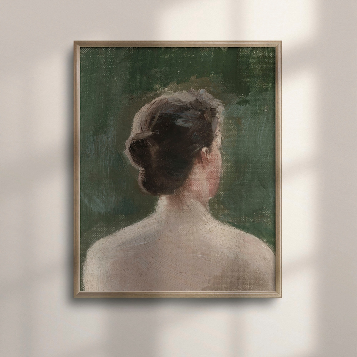 Vintage Woman Back View Bun Hairstyle Moody Green Oil Painting Poster