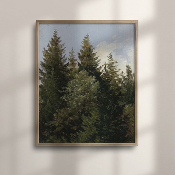 Vintage Pine Tree Lodge Painting Woodland Forest Wall Art Rustic Lodge Decor Nature Inspired Wall Poster Tree Artwork C16 821
