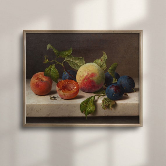 Vintage Fruit Still Life Oil Painting Peaches And Plums Artwork Classic Kitchen Wall Decor Food Art C16 580