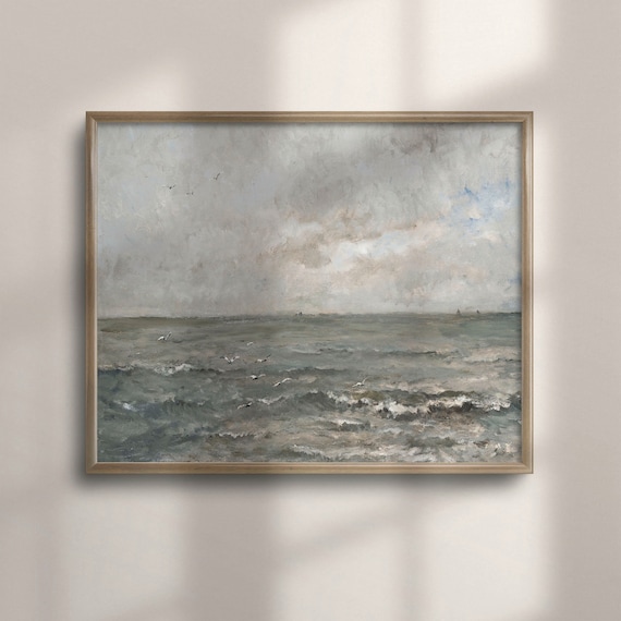 Muted Gray Seascape With Seagulls and Ships Vintage Ocean Painting Poster