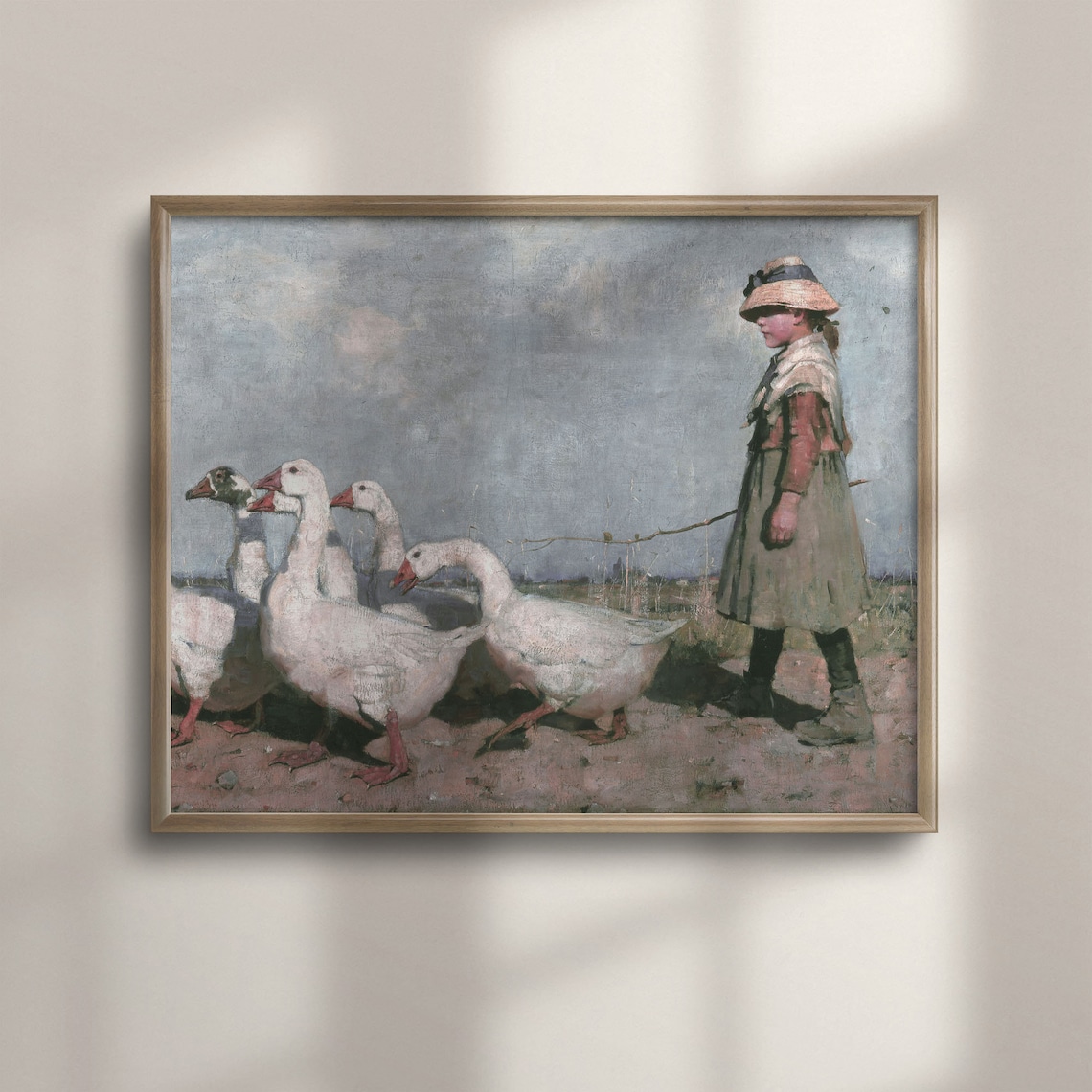 Vintage Goose Girl Herding Geese Oil Painting Art Print Decor