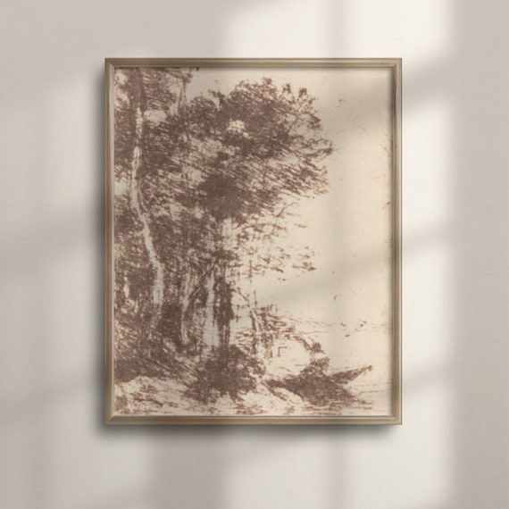 Vintage Landscape Etching Neutral Toned Abstract Art Minimalist Nature Sketch Modern Farmhouse Wall Decor C16 835