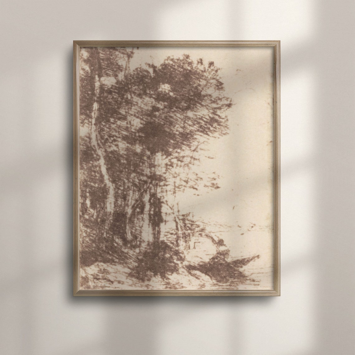 Antique Sepia Landscape Etching of Tall Trees Neutral Wall Art
