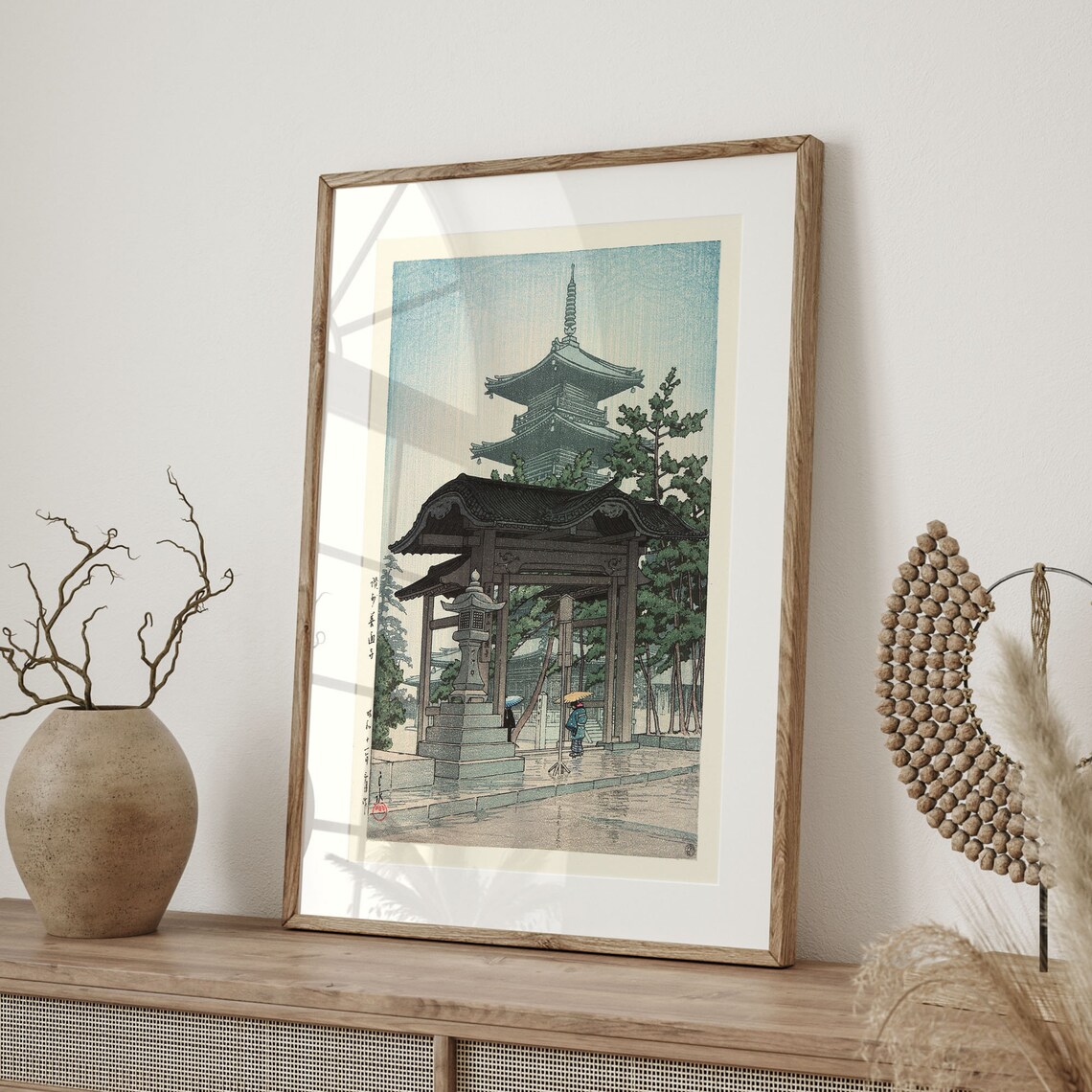 Kawase Hasui Temple Gate and Pagoda in Rain Woodblock Art Poster - Image 4