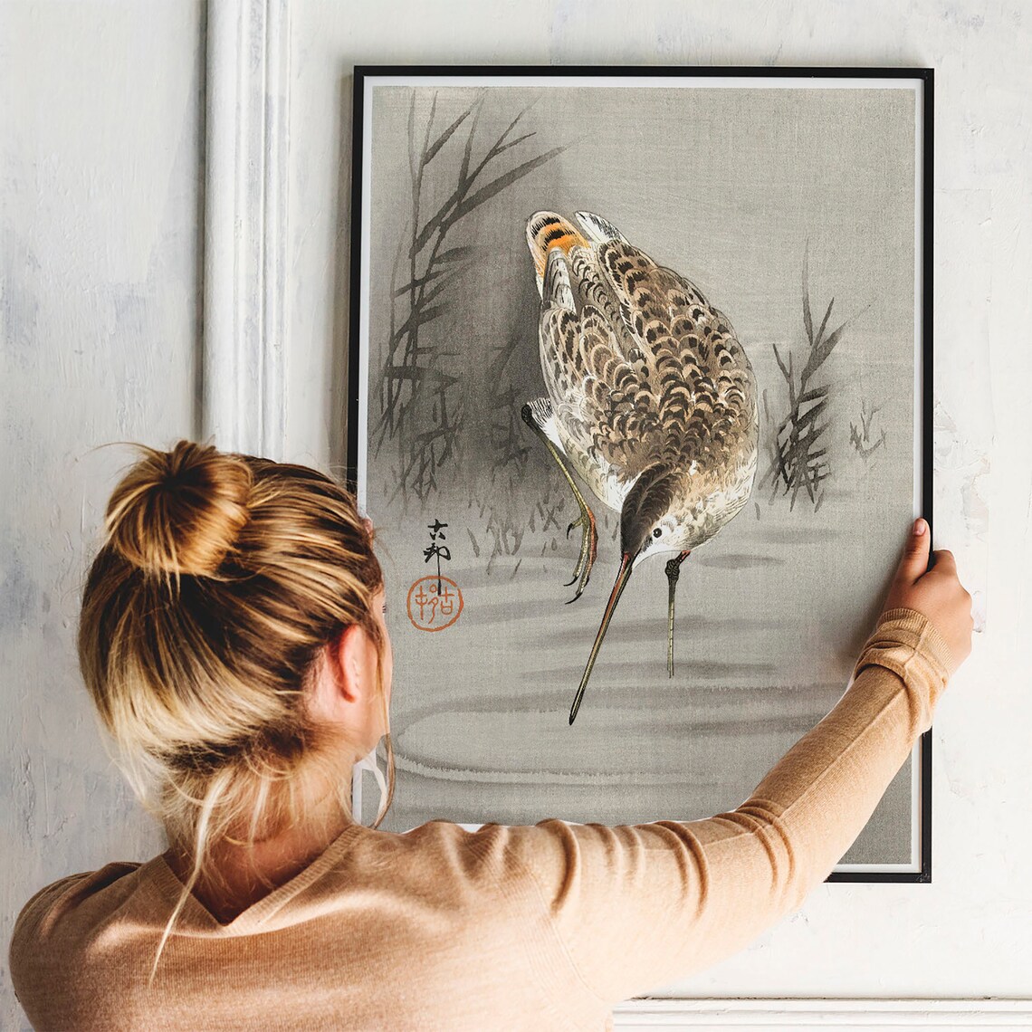 Vintage Sandpiper Wading Japanese Woodblock Shorebird Art Poster - Image 3