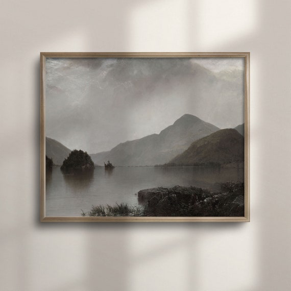 Vintage Moody Mountain Lake Artwork Rustic Nature Landscape Mountain And Lake Painting Unique Wall Decor C16 232