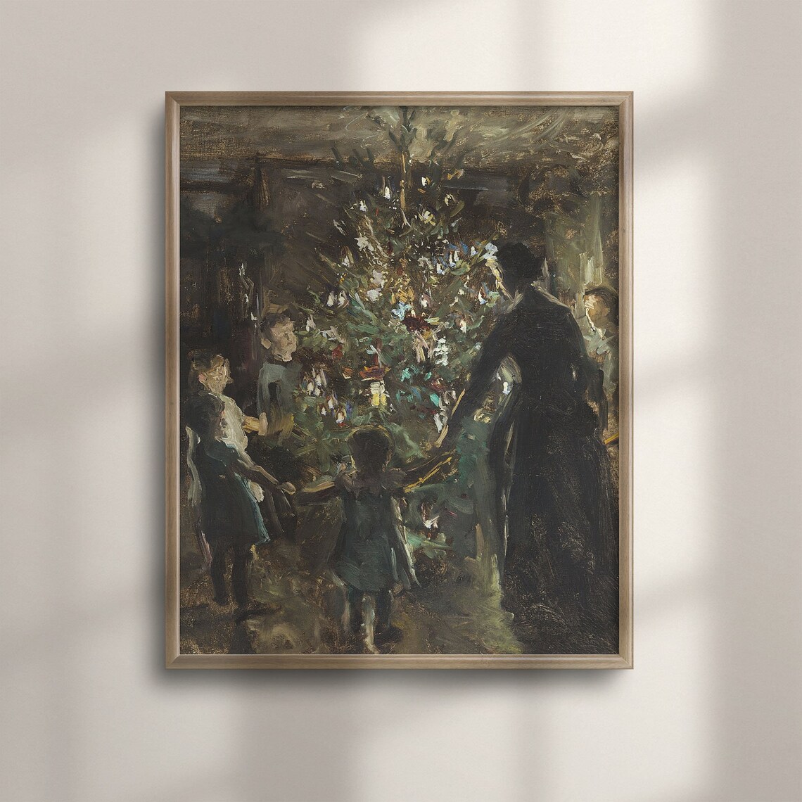 Vintage Christmas Tree Children Oil Painting Holiday Wall Art