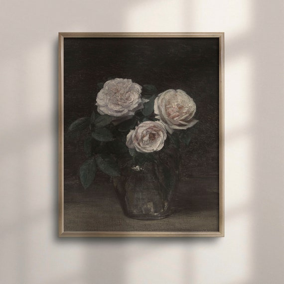 Vintage Rose Painting Moody Floral Art Dark Academia Wall Decor Fine Art For Bedroom Wooded Pasture Theme Flower Art Poster C16 1424