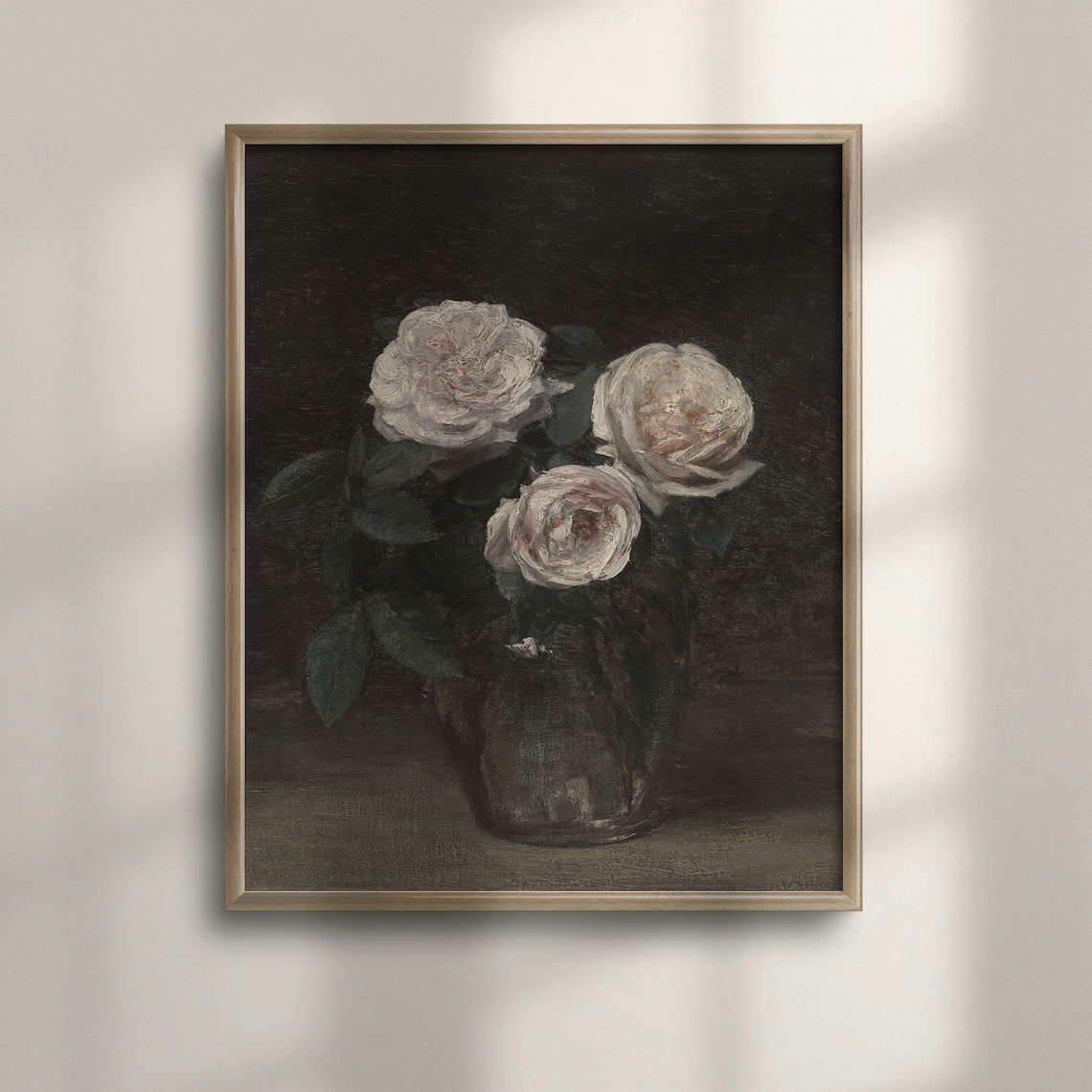 Three White Roses In Vase Moody Dark Floral Still Life Art Poster
