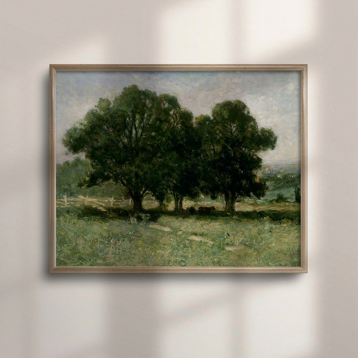 Green Pasture With Shading Trees And Cows Resting In A Meadow Print