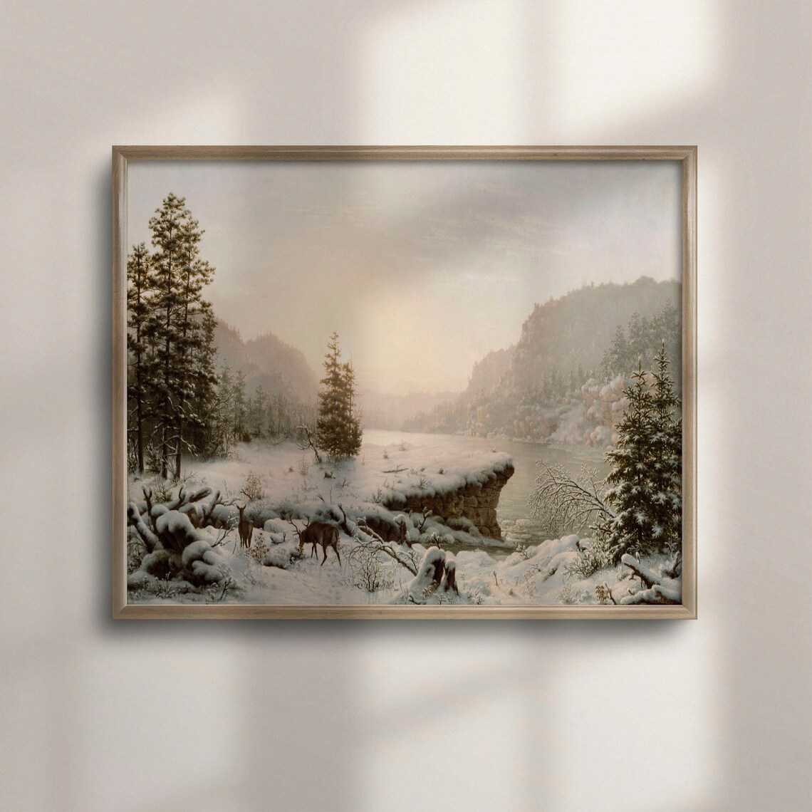 Winter Wonderland Deer Snowy Pines Frozen River Vintage Landscape Painting Poster