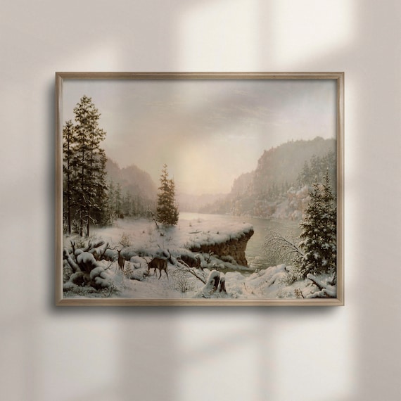 Winter Wonderland Deer Snowy Pines Frozen River Vintage Landscape Painting Poster