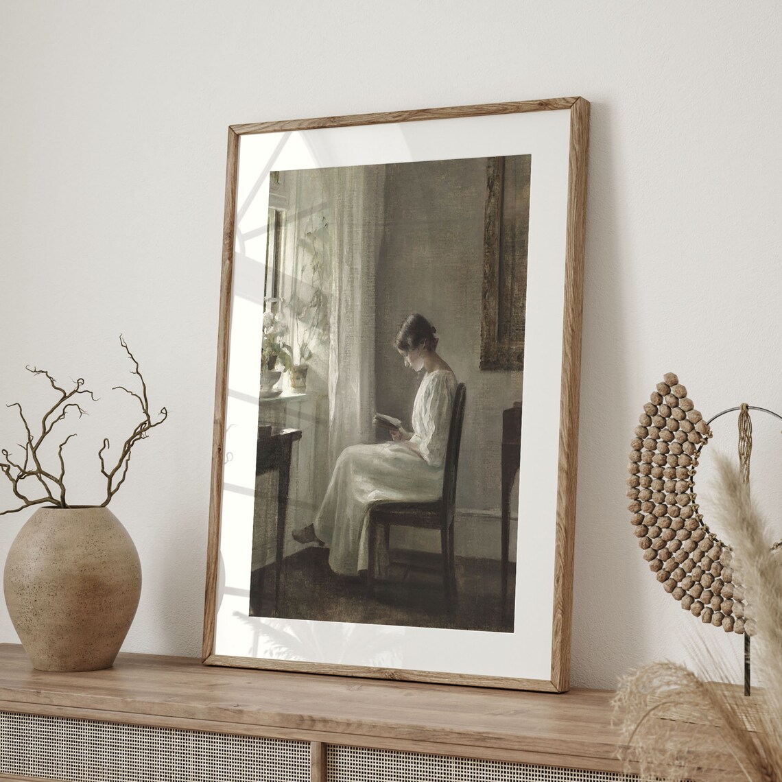 Serene Woman In White Reading By Window Soft Light Interior Art Poster - Image 4