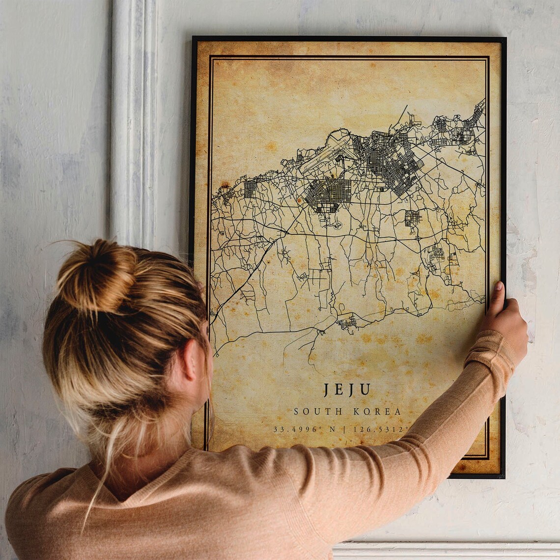 Jeju South Korea Vintage City Street Map Antique Coordinate Art Poster - Image 2