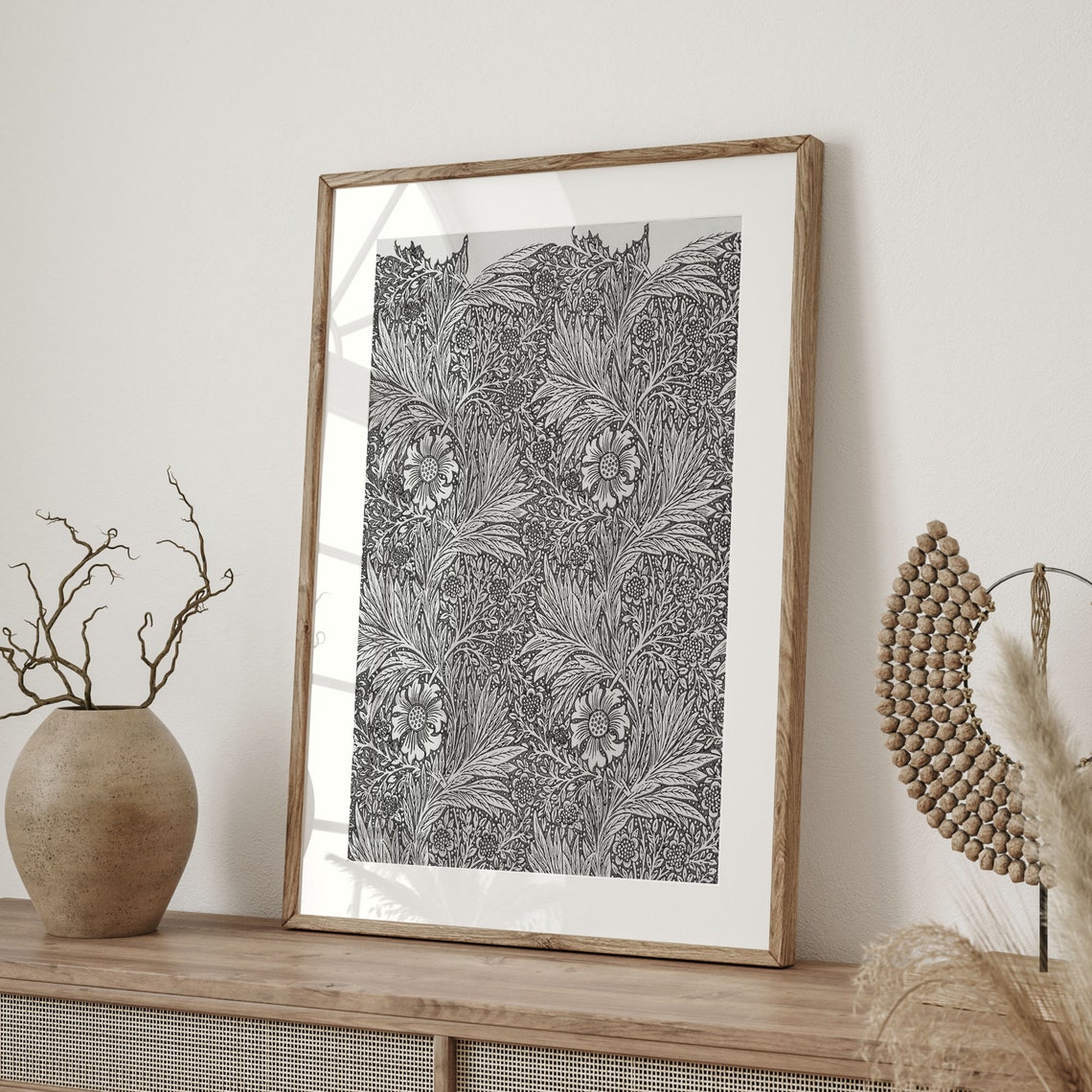 William Morris Style Marigold Botanical Pattern Black and White Poster - Image 4